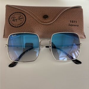 Ray-Ban Square Sunglasses with Blue Lenses and Silver Frame